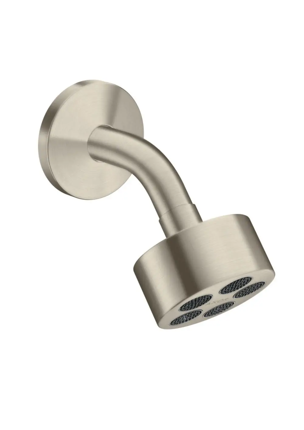 Kopfbrause aus gebürstetem Nickel mit Brausearm, mit mehreren Auslassöffnungen, montiert an einer runden Wandplatte, modelliert von der Marke AXOR.